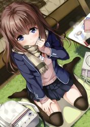 Rule 34 | 1girl, absurdres, backpack, bag, bed, bedroom, bedside, black thighhighs, blazer, blue skirt, blush, book, brown hair, brown scarf, brown sweater, cellphone, checkered blanket, closed mouth, coffee, cup, dutch angle, feet, fringe trim, full body, hand on own thigh, hand on thigh, hand up, highres, indoors, jacket, long hair, looking at viewer, mug, no shoes, notebook, on floor, open clothes, open jacket, original, over-kneehighs, phone, pleated skirt, purple eyes, scan, scarf, sitting, skirt, smartphone, smile, solo, striped clothes, striped scarf, sweater, thighhighs, two side up, unasaka ryou, wariza