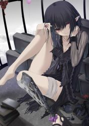 Rule 34 | 1girl, amputee, artificial limb, bare legs, black dress, black hair, breasts, cleavage, collarbone, commentary request, dress, gem, highres, jewelry, kesoshirou, knee up, long hair, looking at viewer, medium breasts, medium hair, original, pointy ears, prosthesis, red eyes, ring, sitting, solo, tagme, television