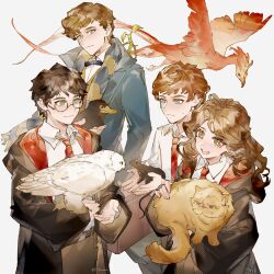 Rule 34 | 1girl, 3boys, animal, animal on shoulder, bird, black hair, black jacket, blue coat, blue eyes, bowtruckle, briefcase, brown hair, brown pants, cat, coat, collared shirt, creator connection, crookshanks, cupping hands, fantastic beasts and where to find them, fawkes, flying, glasses, green eyes, gryffindor, hands up, harry potter, harry potter (series), hedwig, hermione granger, highres, hogwarts school uniform, holding, holding animal, hood, hood down, hooded jacket, hufflepuff, in palm, jacket, light brown hair, long hair, long sleeves, looking at animal, looking at another, looking to the side, mouse (animal), multiple boys, necktie, newt scamander, niffler, owl, own hands together, pants, petting, phoenix, red hair, red necktie, ron weasley, round eyewear, scabbers, scarf, school uniform, shirt, short hair, smile, striped clothes, striped scarf, twitter username, white background, white shirt, wizarding world, yuji (fantasia)