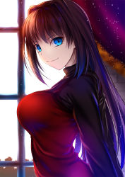 Rule 34 | 1girl, akeyama kitsune, aozaki aoko, arms behind back, black sweater, blue eyes, breasts, brown hair, closed mouth, commentary request, dress, from side, hair between eyes, hair intakes, indoors, large breasts, light particles, long hair, long sleeves, looking at viewer, mahou tsukai no yoru, red dress, sidelocks, smile, solo, sweater, turtleneck, turtleneck sweater, upper body, window