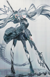 Rule 34 | 1girl, ;p, black footwear, black jacket, black skirt, blue eyes, breasts, closed mouth, commentary request, grey hair, grey pantyhose, grey shirt, high heels, highres, holding, holding polearm, holding weapon, jacket, long hair, looking at viewer, medium breasts, one eye closed, open clothes, open jacket, original, pantyhose, pleated skirt, polearm, reflection, resolution mismatch, shirt, shoes, skirt, smile, solo, source larger, spear, swav, tongue, tongue out, twintails, twitter username, very long hair, weapon