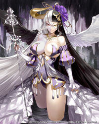 Rule 34 | 1girl, black hair, black wings, breasts, cleavage, colored skin, detached sleeves, female focus, hair ornament, halo, hell (lost crusade), heterochromia, horns, jewelry, large breasts, long hair, looking at viewer, lost crusade, multicolored hair, multicolored skin, necklace, official art, original, red eyes, silver (atelier-tengu), single horn, smile, solo, split-color hair, staff, two-tone hair, two-tone skin, very long hair, wading, white hair, white wings, wings, yellow eyes