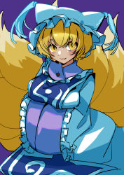 Rule 34 | 1girl, :3, absurdres, animal hat, arms under breasts, blonde hair, blue tabard, blush, breasts, closed mouth, commentary request, dress, feet out of frame, fox tail, frilled sleeves, frills, hands in opposite sleeves, hat, highres, kitsune, kyuubi, large breasts, looking at viewer, mob cap, multiple tails, myuga66666, one-hour drawing challenge, purple background, short hair, signature, simple background, smile, solo, tabard, tail, tassel, touhou, white dress, yakumo ran, yellow eyes