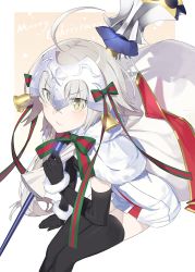 Rule 34 | &gt;:/, 1girl, :/, ahoge, bell, black thighhighs, blush, capelet, christmas, dress, elbow gloves, fate/grand order, fate (series), fur trim, gloves, green ribbon, grey hair, hair ribbon, hayashi kewi, headpiece, holding, invisible chair, jeanne d&#039;arc (fate), jeanne d&#039;arc alter (fate), jeanne d&#039;arc alter santa lily (fate), lance, legs together, looking at viewer, merry christmas, polearm, red ribbon, ribbon, sack, short dress, sitting, solo, striped ribbon, thighhighs, v-shaped eyebrows, weapon, white dress, yellow eyes