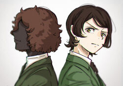 Rule 34 | 2boys, back-to-back, black bow, black bowtie, black hair, black skin, bow, bowtie, brown hair, bungou stray dogs, closed mouth, collared shirt, colored skin, commentary request, curly hair, faceless, frown, ghost, green jacket, green kimono, highres, jacket, japanese clothes, kimono, looking at another, male focus, multiple boys, mushitarou oguri (bungou stray dogs), norimizu, shirt, short hair, simple background, smile, swept bangs, upper body, white shirt, yellow eyes, yokomizo (bungou stray dogs), yukata