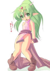 Rule 34 | 1girl, boots, fang, fire emblem, fire emblem: mystery of the emblem, fire emblem: new mystery of the emblem, fire emblem: shadow dragon, fire emblem: shadow dragon and the blade of light, green eyes, green hair, jewelry, kourourin, long hair, matching hair/eyes, naked tabard, nintendo, no panties, open mouth, petite, pointy ears, ponytail, ribbon, solo, tabard, tiara, tiki (fire emblem), tiki (young) (fire emblem)