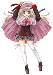Rule 34 | 1girl, blue eyes, blush, bow, buttons, cape, fang, hat, large buttons, little busters!, long hair, noumi kudryavka, pink bow, silver hair, skirt, solo, thighhighs, uniform, yoshida inuhito, zettai ryouiki