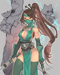 Rule 34 | 1boy, 1girl, akali, akali (legacy), bandana, breasts, brown hair, cleavage, dual wielding, elbow gloves, fingerless gloves, gloves, green eyes, green thighhighs, hair ornament, half mask, holding, katana, kennen, league of legends, long hair, mask, ninja, no bra, no panties, pelvic curtain, ponytail, racoona, revealing clothes, shen (league of legends), sideboob, simple background, solo focus, sword, thighhighs, weapon