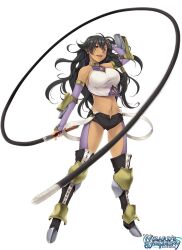 Rule 34 | 1girl, atelier-moo, bare shoulders, black hair, breasts, copyright name, dark skin, detached sleeves, full body, hair between eyes, large breasts, logo, long hair, malicia, open mouth, red eyes, short shorts, shorts, solo, standing, thighs, wavy hair, whip, whipping, wizards symphony