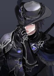 Rule 34 | 1girl, absurdres, androgynous, armor, black gloves, black hair, black hat, black scarf, breastplate, brooch, cape, commentary request, commission, expressionless, final fantasy, final fantasy xiv, fringe trim, from above, gloves, grey background, grey cape, grey eyes, guguma (345eder), hand on headwear, hand up, hat, hat feather, hat over one eye, hat tip, highres, jewelry, korean commentary, looking at viewer, one eye covered, pauldrons, reaper (final fantasy), reverse trap, scarf, second-party source, short hair, shoulder armor, simple background, single pauldron, solo, tricorne, upper body, weapon, weapon on back, zero (ff14)