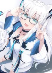 Rule 34 | 1girl, absurdres, animal ears, blue eyes, borumete, choker, collarbone, commentary request, fox ears, fox girl, glasses, hair between eyes, highres, hololive, jewelry, looking at viewer, necklace, open mouth, shirakami fubuki, shirakami fubuki (fubukitek), solo, tongue, virtual youtuber, white hair