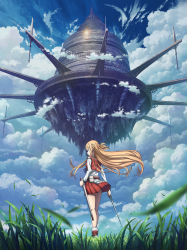 Rule 34 | absurdres, artist request, asuna (sao), brown eyes, brown hair, city, clothes lift, cloud, floating, floating hair, floating object, grasslands, highres, holding, holding sword, holding weapon, long hair, rapier, red skirt, shoes, skirt, skirt lift, sky, solo, sword, sword art online, thighs, weapon