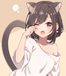 Rule 34 | 1girl, animal ear fluff, animal ears, artist name, blush, brown eyes, brown hair, cat ears, cat tail, commentary request, hinata mizuiro, kemonomimi mode, looking at viewer, off shoulder, open mouth, project sekai, rubbing eyes, shinonome ena, shirt, short hair, solo, t-shirt, tail, tearing up, white shirt, yawning