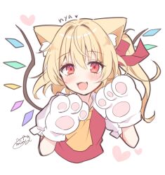 Rule 34 | 1girl, absurdres, animal ear fluff, animal ears, animal hands, ascot, blonde hair, blush, cat ears, crystal, fang, flandre scarlet, gloves, heart, highres, long hair, looking at viewer, miy@, open mouth, orange ascot, paw gloves, red eyes, red vest, signature, simple background, smile, solo, touhou, vest, white background, white gloves, wings