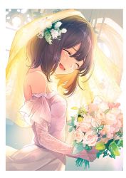 Rule 34 | 1girl, bare shoulders, blush, bouquet, breasts, bridal veil, brown hair, church, closed eyes, dress, flower, hair between eyes, hair flower, hair ornament, happy tears, holding, holding bouquet, kagawa ichigo, off-shoulder dress, off shoulder, open mouth, original, see-through silhouette, short hair, small breasts, smile, solo, tears, veil, wedding, wedding dress, white flower