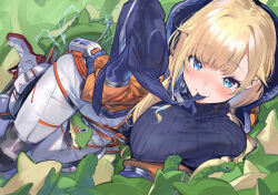 Rule 34 | 1girl, absurdres, aizawa ema, apex legends, between legs, blonde hair, blue bodysuit, blue eyes, blush, bodysuit, breasts, commentary, cosplay, electricity, ga/ddd, highres, jacket, large breasts, looking at viewer, mouth hold, nessie (respawn), orange jacket, ribbed bodysuit, sexually suggestive, solo, virtual youtuber, vspo!, wattson (apex legends), wattson (apex legends) (cosplay), white bodysuit