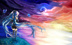 Rule 34 | 00s, 1girl, 2009, artist name, blue hair, bug, butterfly, character name, cloud, colorful, detached sleeves, earth (planet), closed eyes, flower, from behind, full body, hatsune miku, highres, bug, long hair, music, ocean, onineko, singing, sky, solo, standing, thighhighs, twilight, twintails, very long hair, vocaloid, wallpaper, watermark, web address, wind, zettai ryouiki