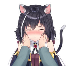 Rule 34 | 1girl, :i, animal ear fluff, animal ears, anz32, bad id, bad pixiv id, bare shoulders, black hair, black sleeves, blush, bow, brown bow, cat ears, cat girl, cat tail, closed eyes, closed mouth, collared shirt, commentary request, detached sleeves, facing viewer, hair between eyes, hair bow, hands on another&#039;s cheeks, hands on another&#039;s face, karyl (princess connect!), long hair, long sleeves, low twintails, multicolored hair, out of frame, princess connect!, shirt, simple background, sleeveless, sleeveless shirt, solo focus, streaked hair, tail, tail raised, twintails, twitter username, upper body, white background, white hair, white shirt