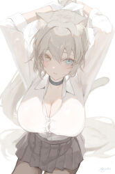 Rule 34 | 1girl, absurdres, animal ears, arms up, black collar, black skirt, blue eyes, blush, breasts, brown pantyhose, cat ears, cat girl, cat tail, cleavage, closed mouth, collar, collarbone, collared shirt, dress shirt, grey hair, hair between eyes, heterochromia, highres, large breasts, long hair, looking at viewer, mayogii, original, pantyhose, pleated skirt, ponytail, shirt, simple background, skirt, solo, tail, very long hair, white background, white shirt, yellow eyes