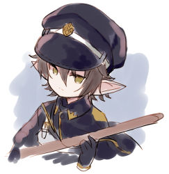 Rule 34 | black cape, black gloves, black headwear, black jacket, brown eyes, brown hair, cape, character request, closed mouth, collared jacket, commentary request, gloves, granblue fantasy, grey background, hair between eyes, harvin, hat, holding, holding sword, holding weapon, jacket, looking at viewer, meito (maze), peaked cap, pointy ears, sketch, sword, two-tone background, upper body, weapon, white background, wooden sword