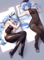 Rule 34 | 2girls, absurdres, ahoge, armpit crease, armpits, arms up, ass, bare shoulders, black bodysuit, blue eyes, blue hair, bodystocking, bodysuit, braid, breasts, chinese knot, clothing cutout, crossed bangs, curvy, from above, ganyu (genshin impact), genshin impact, goat horns, gold trim, gradient eyes, green eyes, groin, hair ornament, hair over one eye, halterneck, high heels, highres, horns, leotard, leotard under clothes, leviathan (hikinito0902), long hair, looking at viewer, low-braided long hair, low-tied long hair, lying, medium breasts, midriff, multicolored eyes, multiple girls, navel, on back, on side, purple eyes, shenhe (genshin impact), shoes, short hair with long locks, sideboob, skin tight, smile, teeth, thighs, very long hair