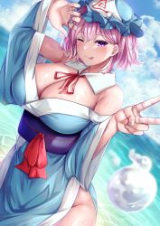 Rule 34 | 1girl, ;p, bare shoulders, beach, blue hat, blue kimono, blush, breasts, cleavage, cloud, day, dutch angle, hair behind ear, hat, highres, hitodama, horizon, huge breasts, japanese clothes, kimono, large breasts, long sleeves, looking at viewer, mirufui, mob cap, ocean, off shoulder, one eye closed, outdoors, pink eyes, pink hair, saigyouji yuyuko, sash, short hair, sky, solo, tongue, tongue out, touhou, triangular headpiece, v, water, wide sleeves