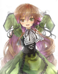 Rule 34 | 00s, 1girl, arms up, asuka shirou, big hair, blush, brown hair, dress, drill hair, female focus, green dress, happy, heterochromia, long hair, open mouth, rozen maiden, simple background, solo, solo focus, suiseiseki, very long hair, white background