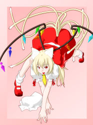 Rule 34 | 1girl, animal ears, bad id, bad pixiv id, blonde hair, cat ears, cat girl, cat tail, female focus, flandre scarlet, full body, hat, highres, kemonomimi mode, multiple tails, niwatazumi, ponytail, red eyes, short hair, side ponytail, solo, tail, embodiment of scarlet devil, touhou, wings