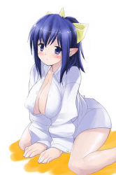 Rule 34 | blue hair, bottomless, breasts, dress shirt, hima, horns, huge breasts, large breasts, lowres, momotarou densetsu, open clothes, open shirt, pointy ears, shirt, single horn, solo, yashahime (momotarou densetsu)