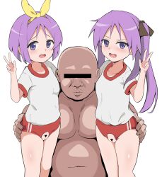 Rule 34 | 1boy, 2girls, absurdres, bald, blush, breasts, buruma, cleft of venus, crotchless, crotchless buruma, dark-skinned male, dark skin, gym shirt, gym uniform, hair ribbon, hand on another&#039;s ass, highres, hiiragi kagami, hiiragi tsukasa, long hair, looking at viewer, lucky star, multiple girls, open mouth, purple eyes, purple hair, pussy, red buruma, ribbon, shirt, short hair, simple background, small breasts, smile, twintails, ugly man, v, verseir 001, white background