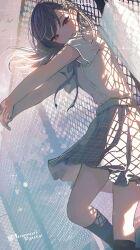 Rule 34 | 1girl, bird, black socks, blue bow, blue bowtie, bow, bowtie, chain-link fence, commentary request, dress shirt, feet out of frame, fence, floating hair, grey hair, grey skirt, hair behind ear, hair ornament, hairclip, highres, inaeda kei, kneehighs, leaning, long hair, looking at viewer, original, outdoors, plaid, plaid skirt, pleated skirt, red eyes, school uniform, shadow, shirt, short sleeves, skirt, smile, socks, solo, swept bangs, twitter username, umbrella, white shirt