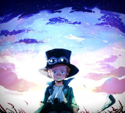Rule 34 | 1boy, bandages, blonde hair, child, cloud, ascot, east blue, goggles, goggles on headwear, hat, looking at viewer, lowres, male focus, one piece, smoking pipe, sabo (one piece), solo, top hat