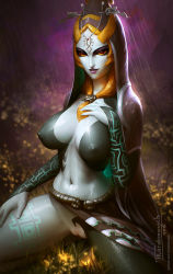 Rule 34 | 1girl, blue skin, breasts, cleft of venus, colored sclera, colored skin, covered erect nipples, female focus, grey skin, hood, jewelry, large breasts, midna, midna (true), navel, nintendo, nipples, orange hair, parted lips, pussy, rain, red eyes, sitting, skirt, solo, spoilers, spread legs, squatting, tarakanovich, tattoo, the legend of zelda, the legend of zelda: twilight princess, uncensored, watermark, wet, yellow sclera