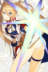 Rule 34 | 1girl, blonde hair, blue eyes, bradamante (fate), bradamante (second ascension) (fate), breasts, cleavage, collared dress, commentary request, dress, fate/grand order, fate (series), highres, karasawa201, long hair, looking at viewer, open mouth, panties, pantyshot, smile, solo, star (symbol), twintails, underwear, white dress