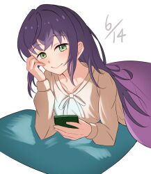 Rule 34 | 1girl, absurdres, brown dress, cellphone, closed mouth, collarbone, commentary request, dated, dress, green eyes, hair down, highres, holding, holding phone, ixianim, link! like! love live!, long hair, long sleeves, looking at viewer, love live!, lying, on stomach, otomune kozue, phone, purple hair, sidelocks, simple background, smartphone, smile, solo, split mouth, under covers, upper body, virtual youtuber, white background