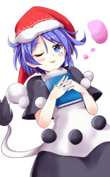 Rule 34 | 1girl, ;), black skirt, blob, blue eyes, blue hair, blush, blush stickers, book, capelet, doremy sweet, dream soul, dress, hat, highres, holding, holding book, keyaki chimaki, looking at viewer, matching hair/eyes, nightcap, one eye closed, parted lips, pom pom (clothes), short dress, short hair, skirt, smile, solo, tail, tapir tail, touhou, white dress