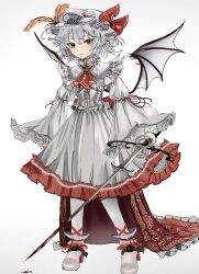 Rule 34 | 1girl, absurdres, blood, blood drip, bloody weapon, bow, cape, expressionless, highres, holding, holding sword, holding weapon, long sleeves, ougiikun, red bow, red cape, red eyes, remilia scarlet, shirt, short hair, skirt, solo, sword, touhou, weapon, white background, white hair, white headwear, white shirt, white skirt