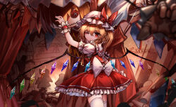 Rule 34 | 1girl, ;), absurdres, blonde hair, closed mouth, commentary request, crystal, flandre scarlet, frilled skirt, frills, highres, looking at viewer, medium hair, one eye closed, one side up, red eyes, red skirt, red vest, shirt, short sleeves, signature, skirt, smile, solo, thighhighs, top-exerou, touhou, vest, white shirt, white thighhighs, wings, wrist cuffs