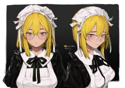 Rule 34 | 2girls, apron, black background, blonde hair, blush, breasts, brown eyes, character request, clone, copyright request, dated, freng, glasses, hair between eyes, highres, looking at viewer, maid, maid apron, maid headdress, medium breasts, multiple girls, over-rim eyewear, semi-rimless eyewear, short hair, side-by-side, white apron
