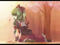 Rule 34 | 1girl, cherry blossoms, dress, female focus, from behind, front ponytail, fruit punch, green eyes, green hair, kagiyama hina, letterboxed, lowres, matching hair/eyes, outdoors, plant, red dress, sailor collar, sailor dress, short hair, solo, touhou, tree