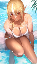 Rule 34 | 1girl, barefoot, bikini, blonde hair, blush, breasts, caustics, cleavage, dark-skinned female, dark skin, day, elf, halterneck, highres, hololive, leaf, light smile, long hair, looking at viewer, multicolored hair, orange eyes, outdoors, parted lips, pointy ears, see-through, shiranui flare, short sleeves, sidelocks, sitting, skindentation, slit pupils, solo, streaked hair, swimsuit, swimsuit cover-up, thighs, usagits 00, virtual youtuber, water, wet, wet clothes, white bikini, white hair