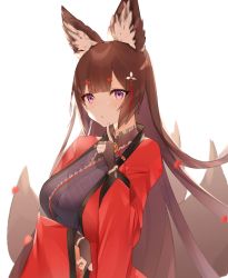Rule 34 | 1girl, amagi (azur lane), animal ears, azur lane, black gloves, blunt bangs, breasts, brown hair, brown tail, fingerless gloves, fox ears, fox girl, gloves, hair ornament, highres, index finger raised, japanese clothes, kimono, kitsune, large breasts, long hair, long sleeves, looking at viewer, multiple tails, parted lips, purple eyes, red kimono, shirobato, simple background, solo, tail, upper body, white background