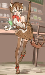 Rule 34 | 1girl, action, animal ears, bare shoulders, blue eyes, blush, boots, bow, bowtie, brown footwear, brown gloves, brown hair, brown skirt, brown thighhighs, cat, cat ears, cat girl, cat tail, coffee, commentary request, don3, elbow gloves, flat-headed cat (kemono friends), footwear bow, full body, gloves, high-waist skirt, kemono friends, multicolored hair, nose blush, open mouth, parfait, red bow, red bowtie, shirt, shoes, short hair, skirt, sleeveless, solo, standing, standing on one leg, tail, tail raised, thighhighs, tray, wavy hair, white hair, white shirt, zettai ryouiki
