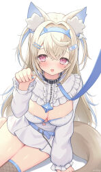 Rule 34 | 1girl, animal ear fluff, animal ears, bandaid, bandaid hair ornament, belt, belt collar, black collar, blonde hair, blue belt, blue hair, blue nails, blush, breasts, cleavage, cleavage cutout, clothing cutout, collar, dog ears, dog girl, dog tail, dress, fishnet thighhighs, fishnets, fuwawa abyssgard, fuwawa abyssgard (1st costume), hair ornament, hairpin, highres, hololive, hololive english, large breasts, long hair, looking at viewer, multicolored hair, nail polish, oridays, pink eyes, short dress, sidelocks, solo, spiked collar, spikes, streaked hair, tail, thighhighs, tongue, tongue out, two side up, virtual youtuber, white background, white dress