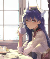 Rule 34 | 1girl, ascot, breasts, coffee, coffee cup, coffee pot, cup, curtains, disposable cup, elbow rest, eyebrows, food, from side, hair between eyes, hat, highres, hitoshi, holding, holding cup, horns, indoors, long hair, looking at viewer, mini hat, original, phyllis adams, purple hair, red eyes, saucer, shirt, sitting, smile, solo, spoon, steam, table, upper body, very long hair, white shirt, window