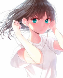 Rule 34 | 1girl, aqua eyes, brown hair, cable, diffraction spikes, earphones, earrings, hami yura, highres, holding, jewelry, long hair, looking at viewer, original, parted lips, shirt, short sleeves, simple background, solo, sparkle, t-shirt, upper body, white background, white shirt, wind