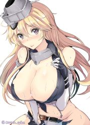 Rule 34 | 10s, 1girl, :p, bare shoulders, belt, blonde hair, blush, breast suppress, breasts, cleavage, commentary request, elbow gloves, fingerless gloves, gin&#039;ichi (akacia), gloves, headgear, huge breasts, iowa (kancolle), kantai collection, long hair, looking at viewer, miniskirt, navel, nose blush, purple eyes, skirt, smile, solo, star-shaped pupils, star (symbol), sweat, symbol-shaped pupils, tongue, tongue out, torn clothes, torn gloves, torn skirt, twitter username, upper body, white background
