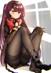 Rule 34 | 1girl, absurdres, adjusting neckwear, ankle strap, ass, black footwear, black pantyhose, black skirt, blazer, blush, braid, breasts, chromatic aberration, crossed ankles, french braid, full body, girls&#039; frontline, gloves, hair ribbon, half updo, hand on own knee, highres, jacket, knees up, large breasts, long hair, looking at viewer, necktie, one side up, open mouth, pantyhose, pink ribbon, pnatsu, purple hair, red eyes, red necktie, red scarf, ribbon, scarf, shirt, shoes, single shoe, sitting, skirt, snowflake print, solo, thighband pantyhose, tsurime, very long hair, wa2000 (girls&#039; frontline)