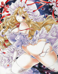 Rule 34 | 1girl, alternate costume, arched back, arim0k0, ass, babydoll, bad anatomy, bad id, bad pixiv id, blonde hair, blush, breasts, butt crack, choker, cleavage, colored eyelashes, contrapposto, covered erect nipples, detached sleeves, elbow gloves, frilled sleeves, frills, from side, gap (touhou), gloves, hair between eyes, hat, highres, holding, holding umbrella, large breasts, leg up, long hair, looking at viewer, loose panties, marker (medium), mob cap, night clothes, panties, puffy nipples, purple eyes, purple hat, purple panties, red eyes, ribbon choker, sample watermark, skindentation, solo, standing, string panties, thick thighs, thighhighs, thighs, touhou, traditional media, umbrella, underwear, very long hair, watermark, white gloves, white thighhighs, yakumo yukari