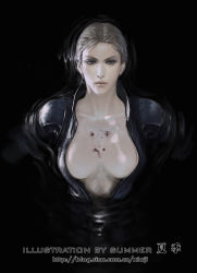 Rule 34 | blonde hair, blood, bodysuit, breasts, catsuit, cleavage, deep wound, floating, highres, in water, injury, jill valentine, latex, looking at viewer, resident evil, resident evil 5, shot, skin tight, unzipped, zipper